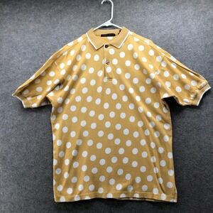 Vintage 90s Perry Ellis Polka Dot Polo Shirt Mens M Mustard Yellow White Cotton